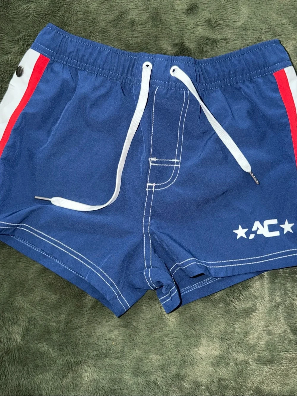 Andrew Christian Men's Navy Swim Shorts with Red Stripe S